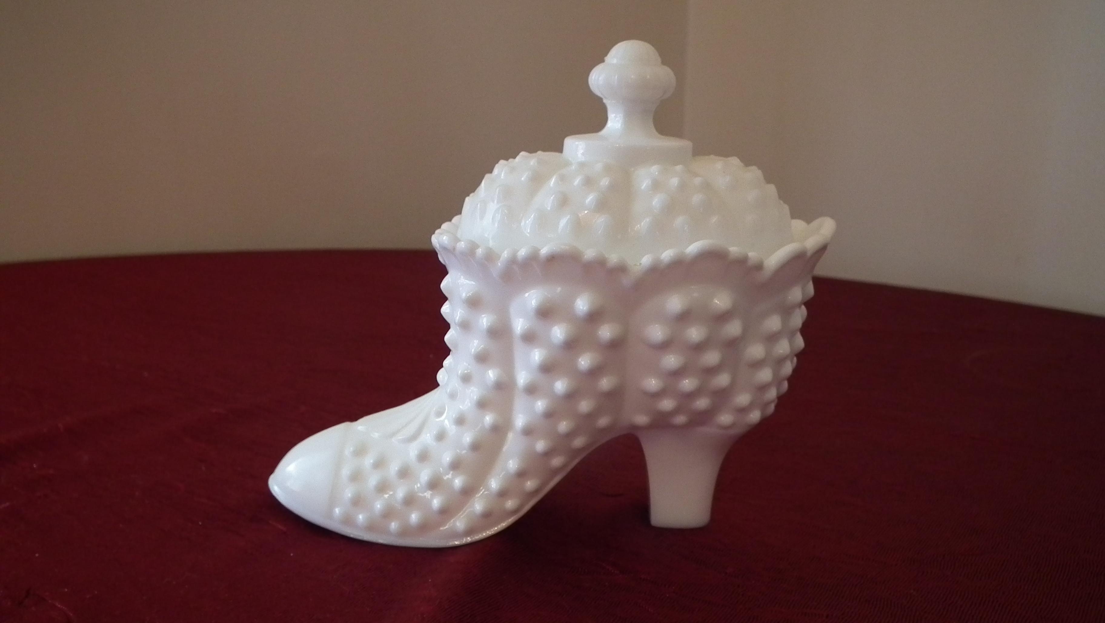 Fenton, white hobnail boot, marked Fenton on both parts, 5 1/2” x 6”