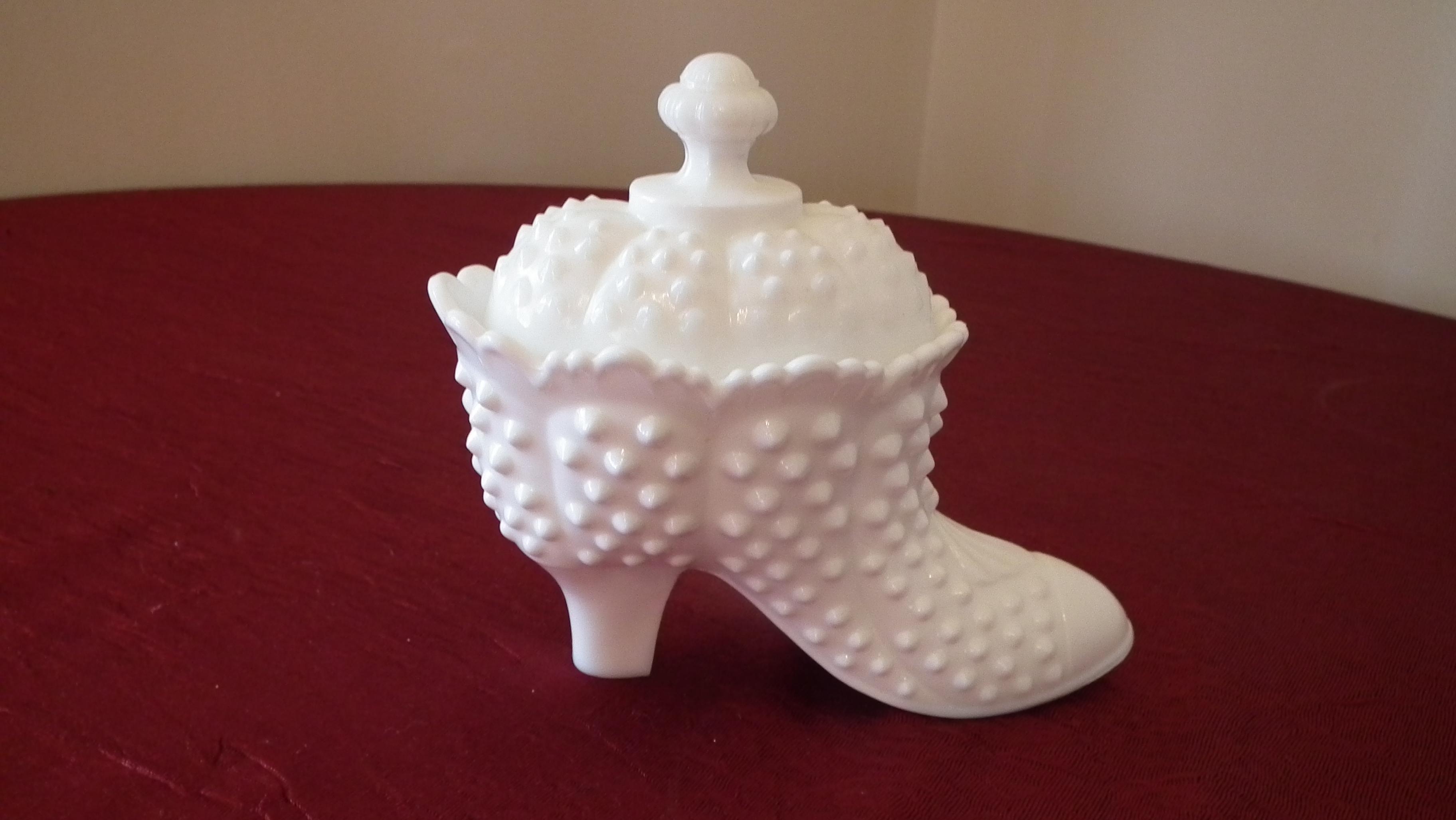 Fenton, white hobnail boot, marked Fenton on both parts, 5 1/2” x 6”