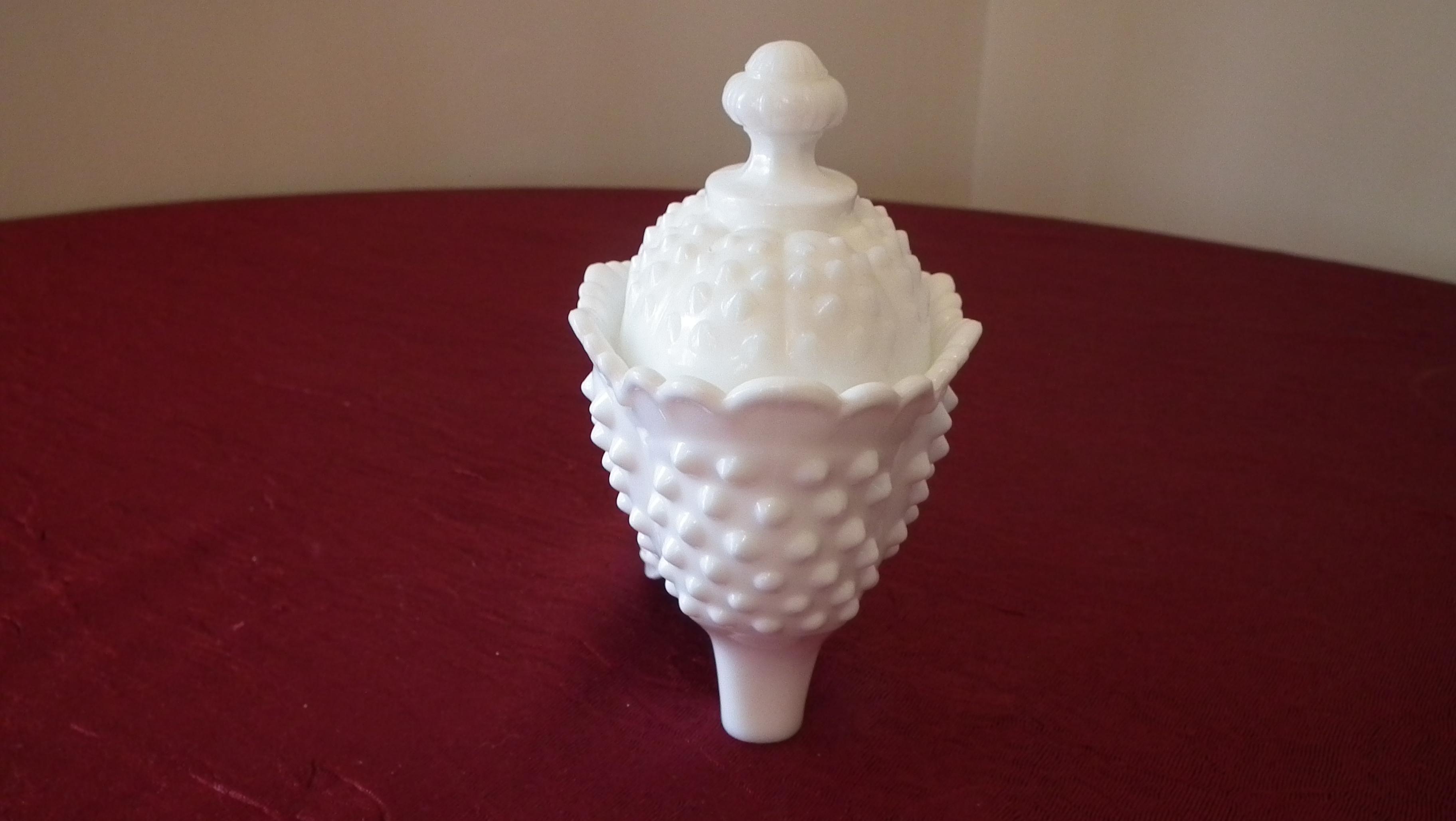 Fenton, white hobnail boot, marked Fenton on both parts, 5 1/2” x 6”