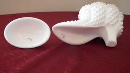 Fenton, white hobnail boot, marked Fenton on both parts, 5 1/2” x 6”