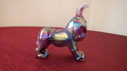 Fenton, purple/blue carnival donkey, silver Fenton sticker, marked FGS 92 Fenton, 4 3/4” x 1 1/2”