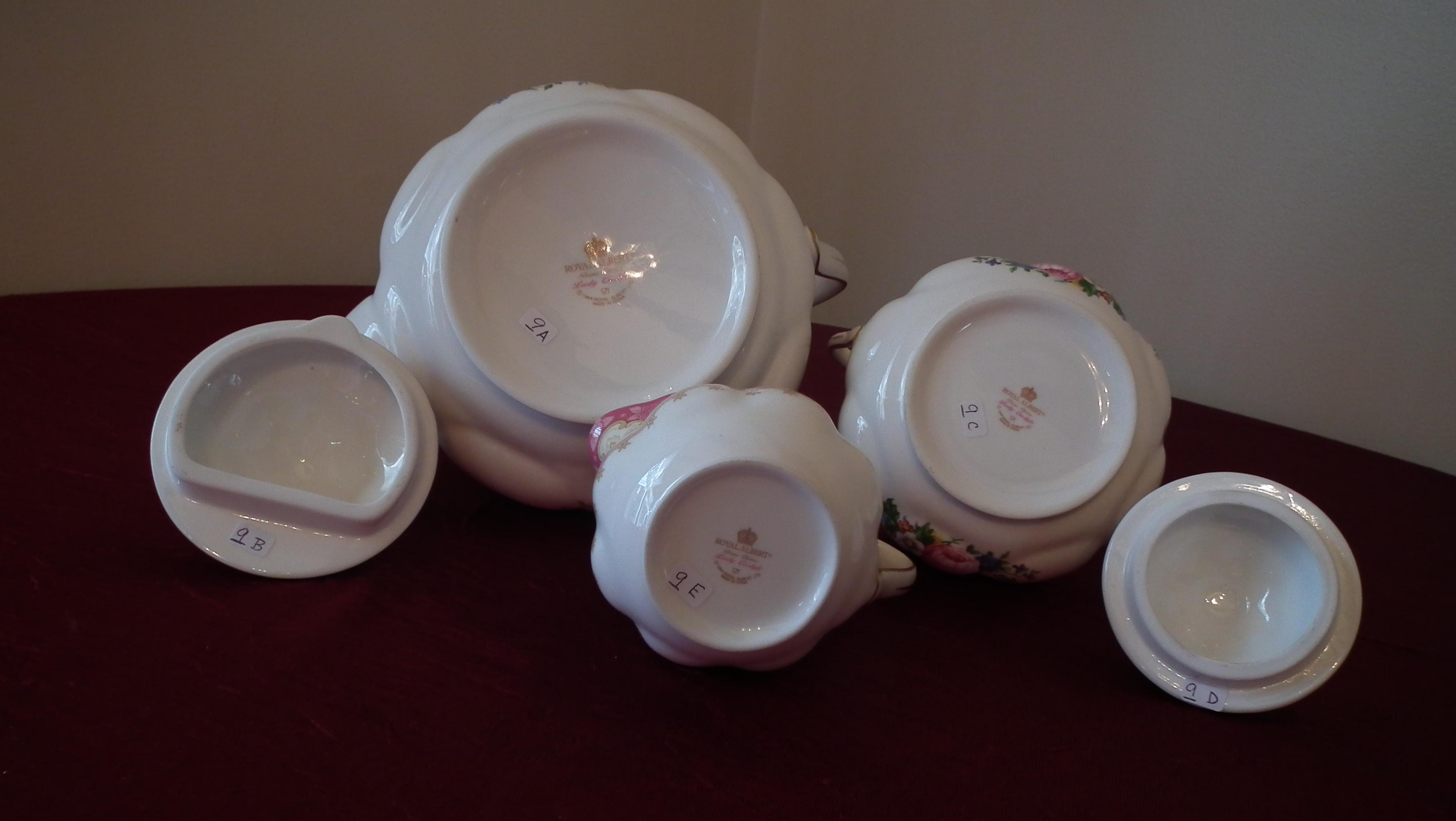 Royal Albert Bone China, Lady Carlyle, tea set with creamer, sugar, & teapot, 1944 Royal Albert Ltd.