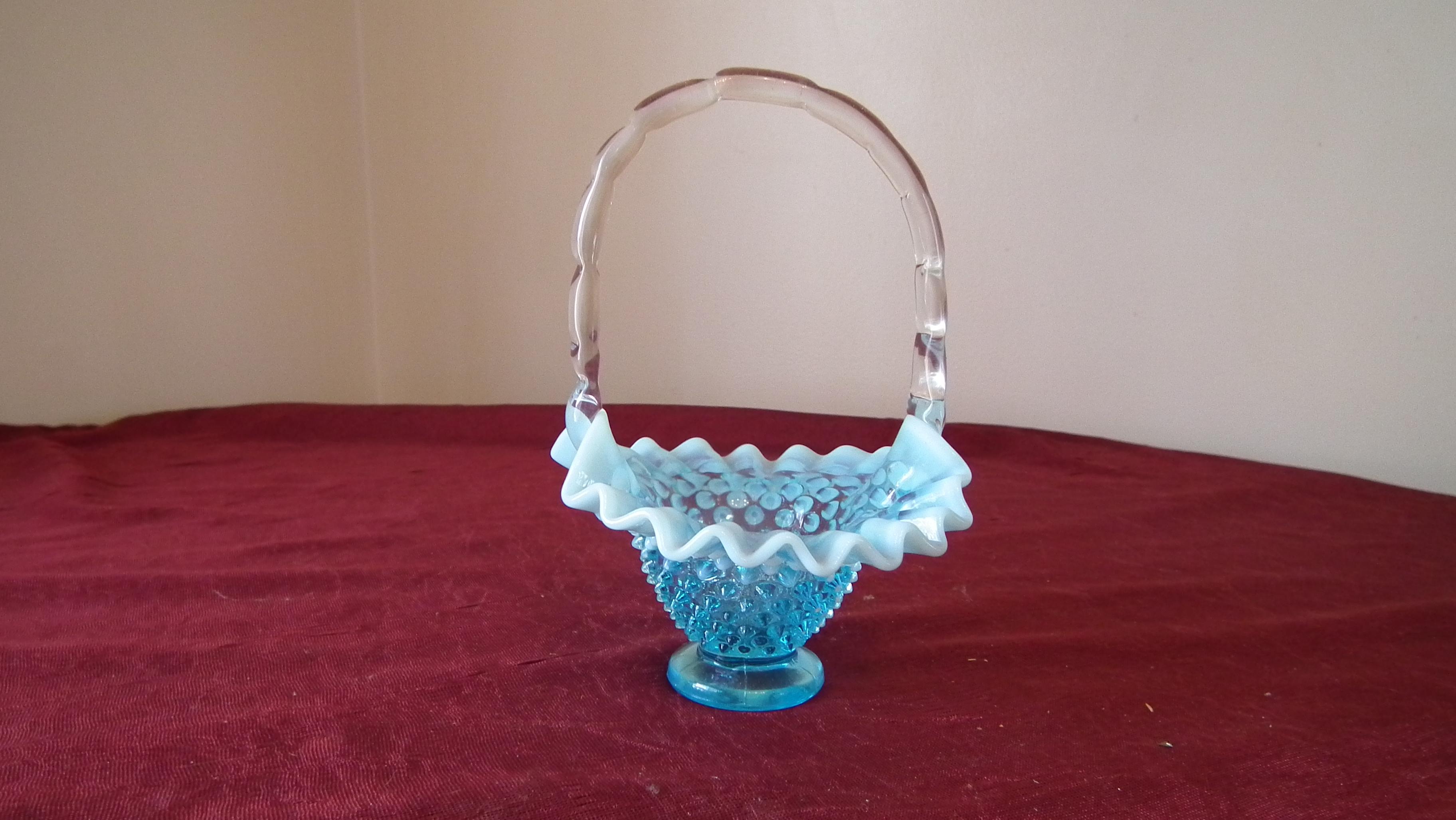 Fenton, blue & white opalescent hobnail basket, clear handle, crimped edge,