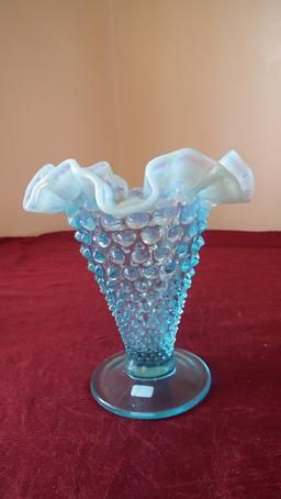 Fenton, blue & white opalescent hobnail vase, ruffled crimped top, unmarked
