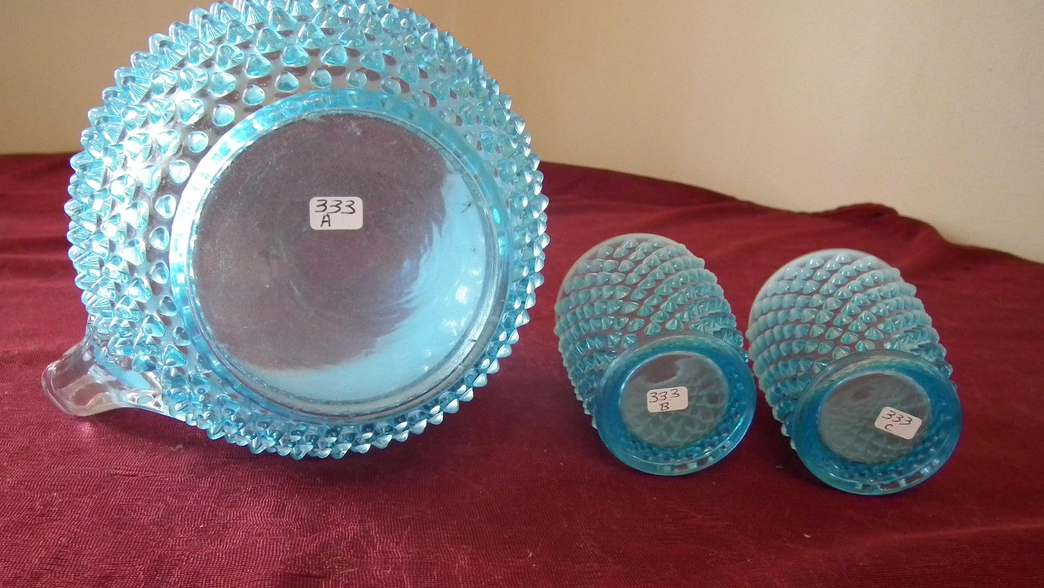 Fenton, blue & white opalescent hobnail pitcher & 2 water glasses, unmarked