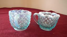 Fenton, blue & white opalescent hobnail sugar & creamer, unmarked, creamer