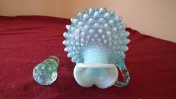 Fenton, blue & white opalescent hobnail cruet with stopper, unmarked, 6 1/2