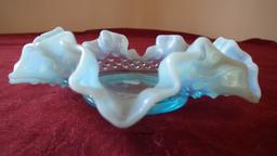 Fenton, blue & white opalescent hobnail ashtray, ruffled & crimped edge, un