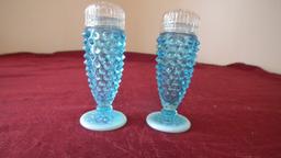 Fenton, blue salt & pepper shakers, white opalescent at bottom, clear plast