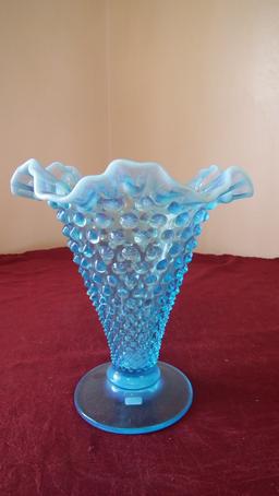 Fenton, blue & white opalescent hobnail vase, white top edge, crimped top,