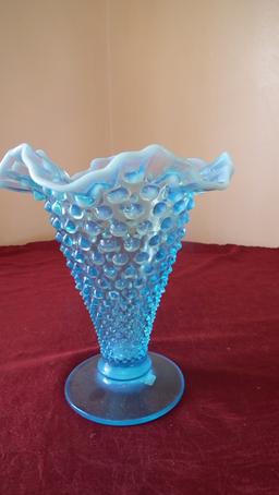 Fenton, blue & white opalescent hobnail vase, white top edge, crimped top,