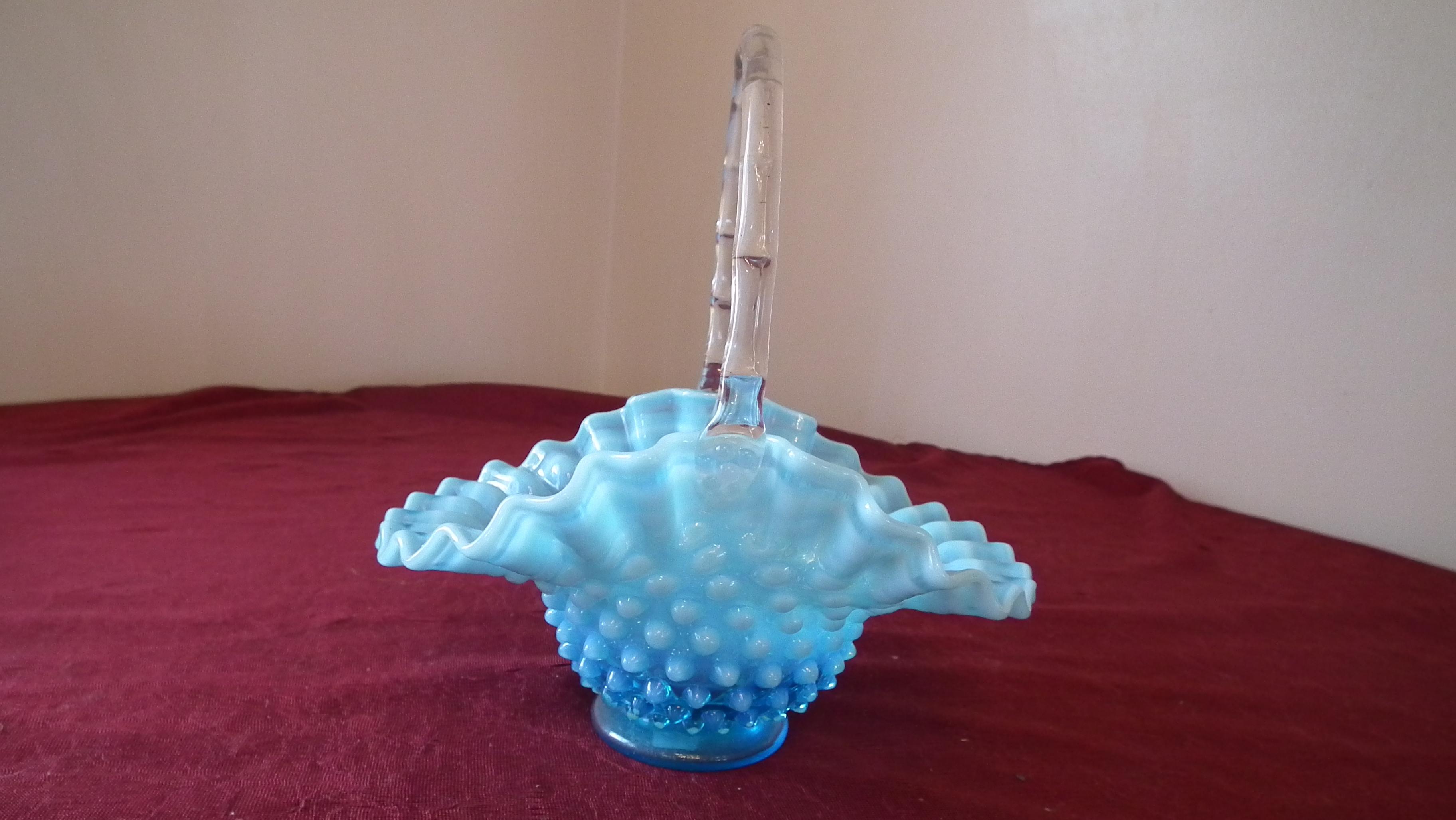 Fenton, blue & white opalescent hobnail basket, clear handle, marble edges,