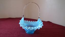 Fenton, blue & white opalescent hobnail basket, clear handle, marble edges,