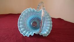 Fenton, blue & white opalescent hobnail basket, clear handle, marble edges,