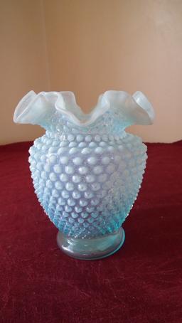 Fenton, blue & white opalescent hobnail vase, wavy crimped top, unmarked, 5