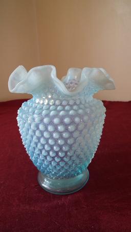 Fenton, blue & white opalescent hobnail vase, wavy crimped top, unmarked, 5