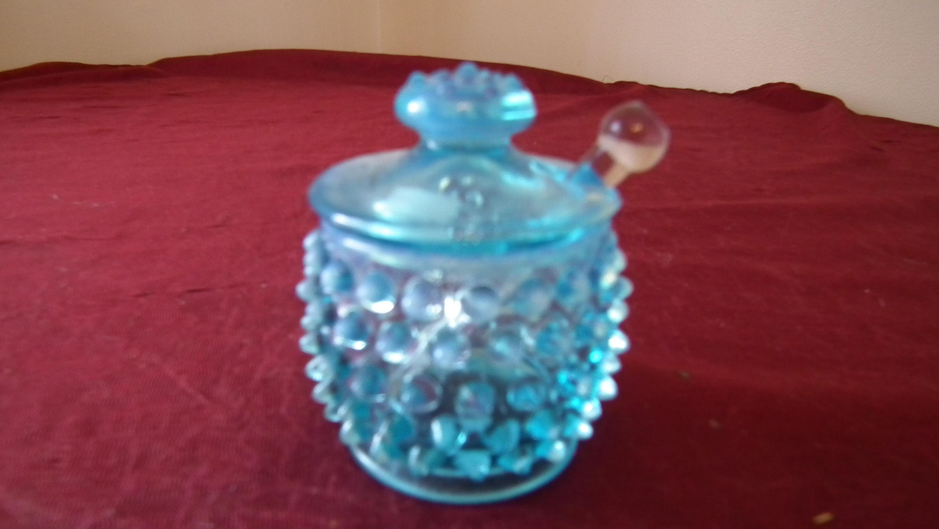 Fenton, blue & white opalescent sugar with clear paddle/server, 3”x 2 1/2”