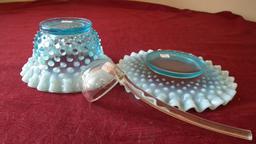 Fenton,blue & white opalescent mini-punch bowl set (3 pieces), clear dipper