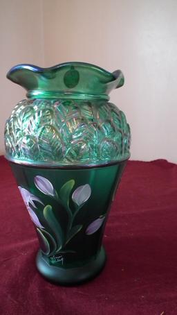 Fenton, green hand painted vase, leaves design at top 1/3, edged top rim, s
