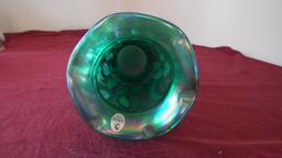 Fenton, green hand painted vase, leaves design at top 1/3, edged top rim, s