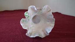 Fenton, green & pink splatter vase, ruffled crimped top, unmarked, 7 1/2” x