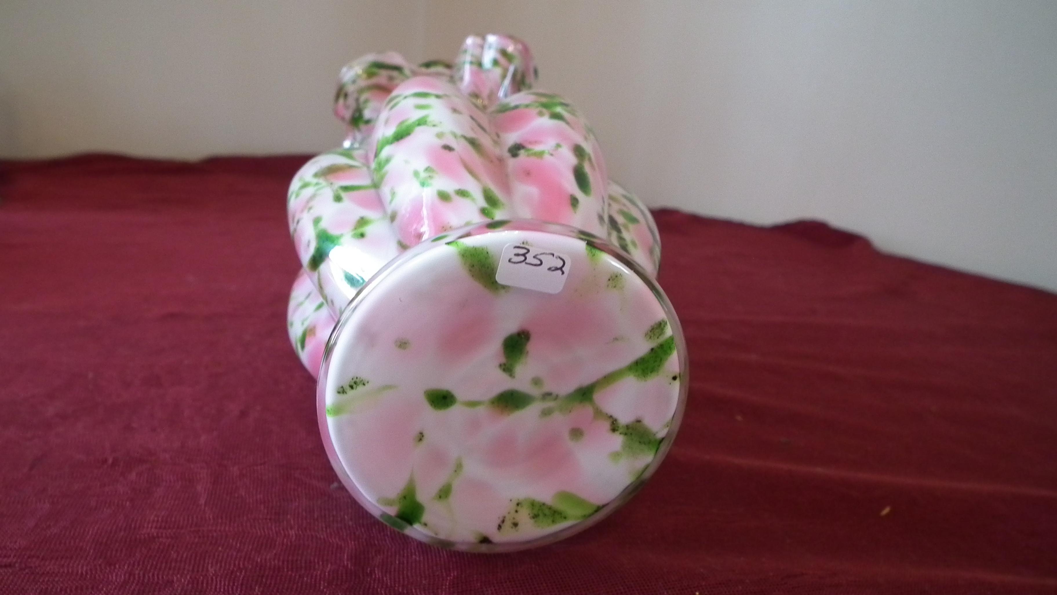 Fenton, green & pink splatter vase, ruffled crimped top, unmarked, 7 1/2” x
