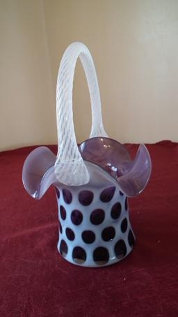 Fenton, purple & white coinspot basket, white opalescent lines on handle, m
