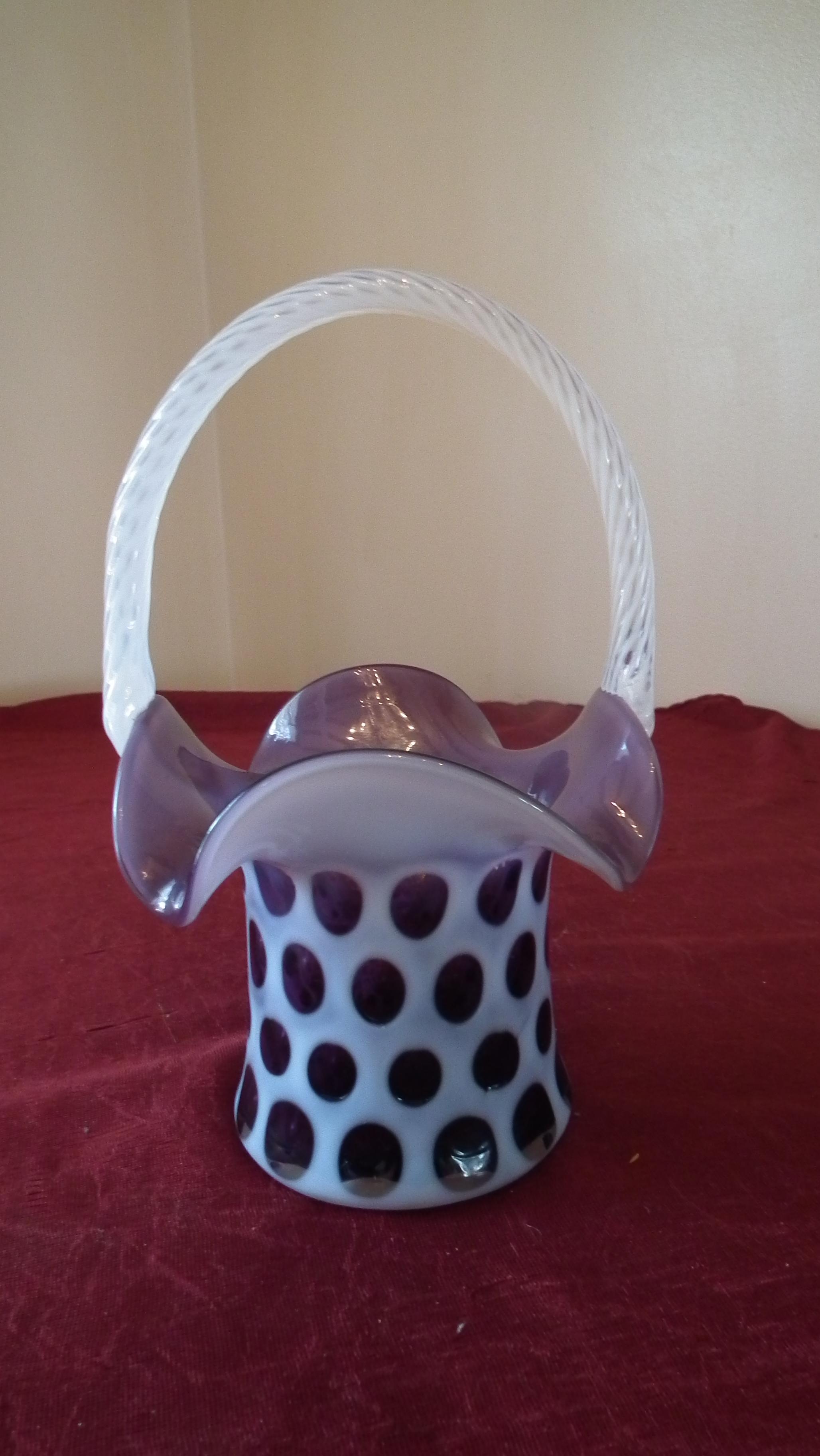 Fenton, purple & white coinspot basket, white opalescent lines on handle, m