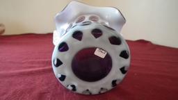 Fenton, purple & white coinspot basket, white opalescent lines on handle, m