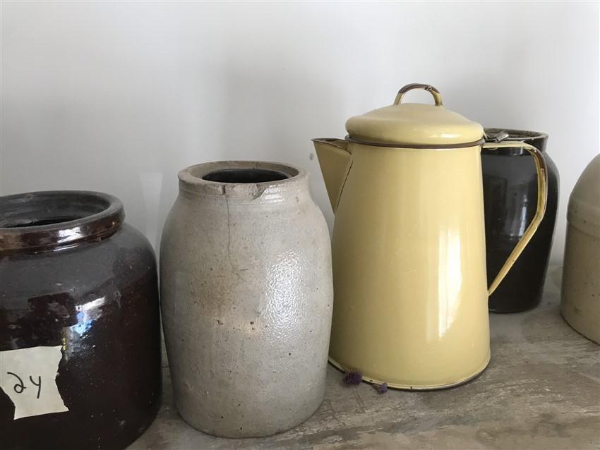 Group Lot Of Stoneware, Graniteware Kettle Etc