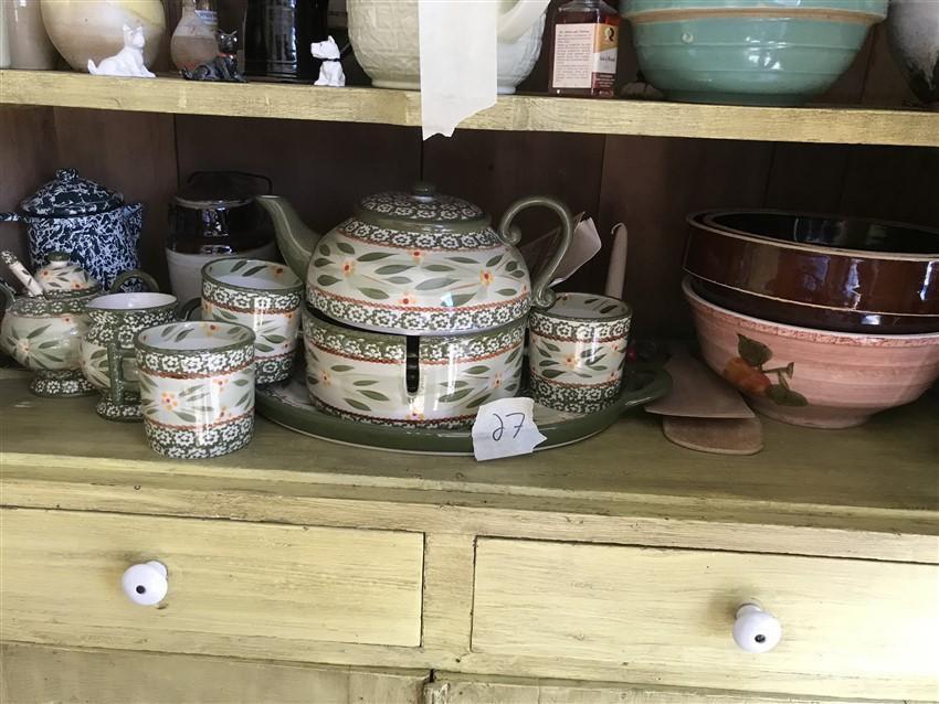 One Shelf Of Graniteware, Tea Set, Mixing Bowls