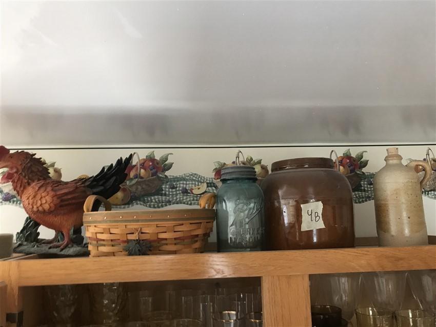 Stoneware, Glass, Longaberger Etc Lot On Cabinet