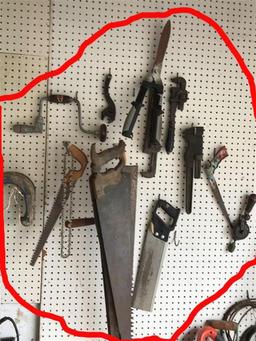 Wall Lot Of Antique Hand Tools, Saws Lot