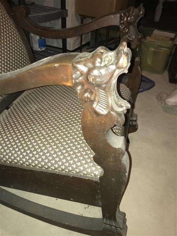 Great Antique Chair Carved Heads On Arms Rocker