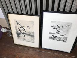 2 Signed Duck Etchings in Frames Bishop & Clark