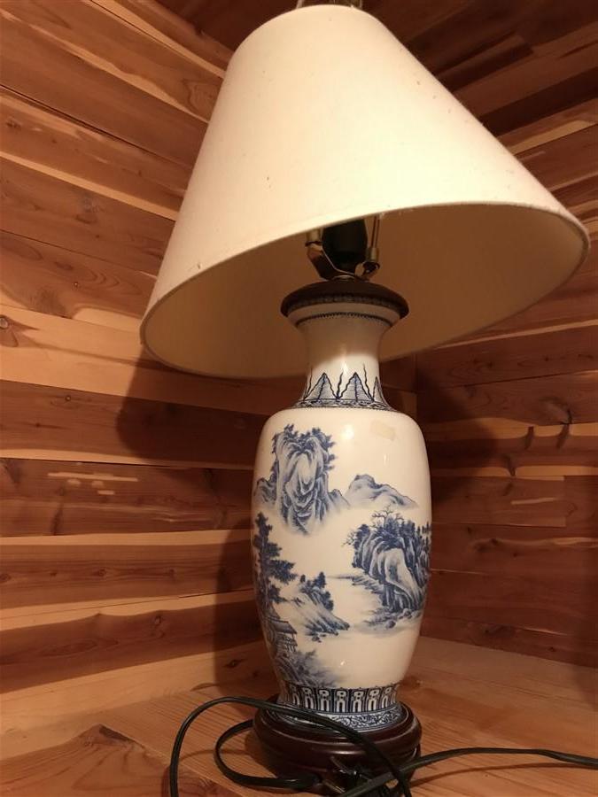 Chinese Asian Lamp Blue Mountain Scene Characters