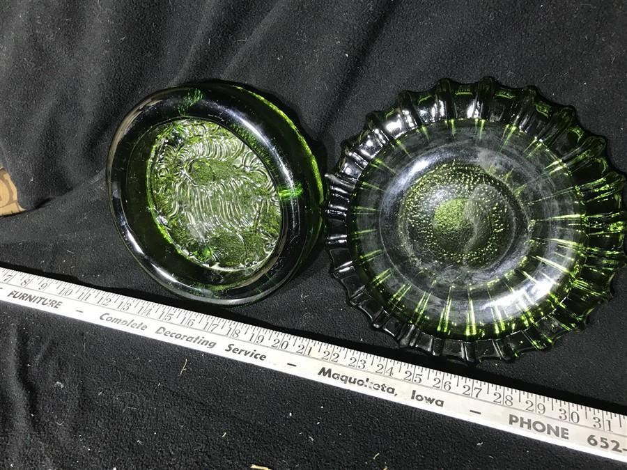 Two Heavy Green Glass Ashtrays