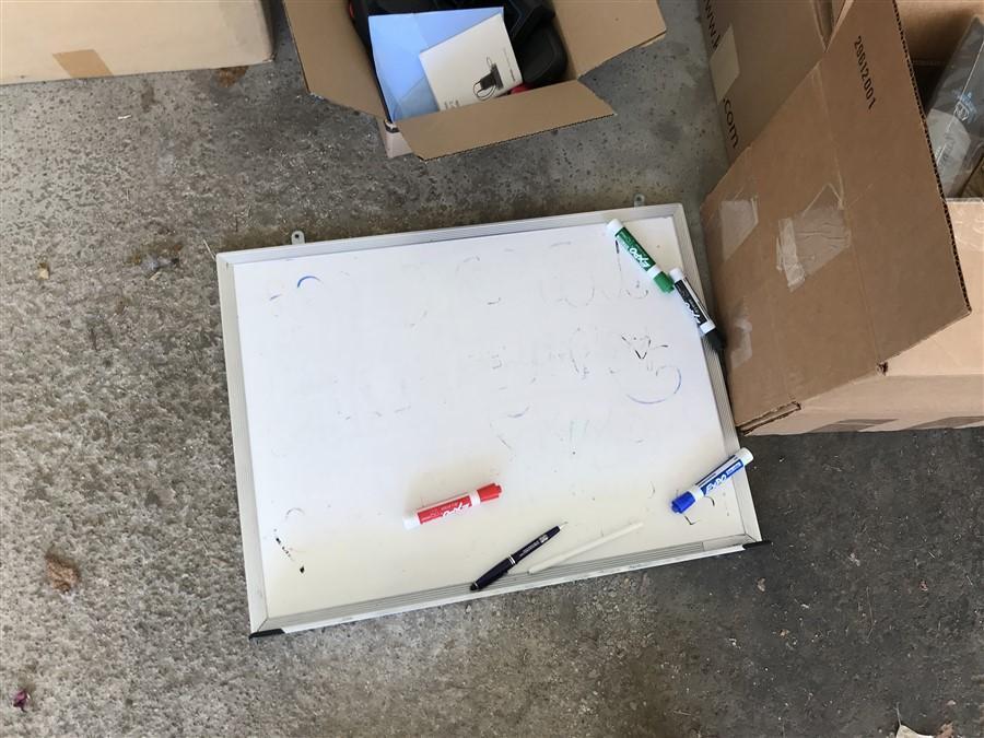 Lot misc items, clothing, electronics, white board