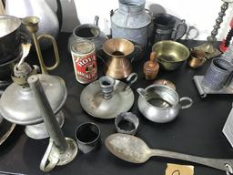 Table Lot Assorted Antique + Vintage Metal Wares