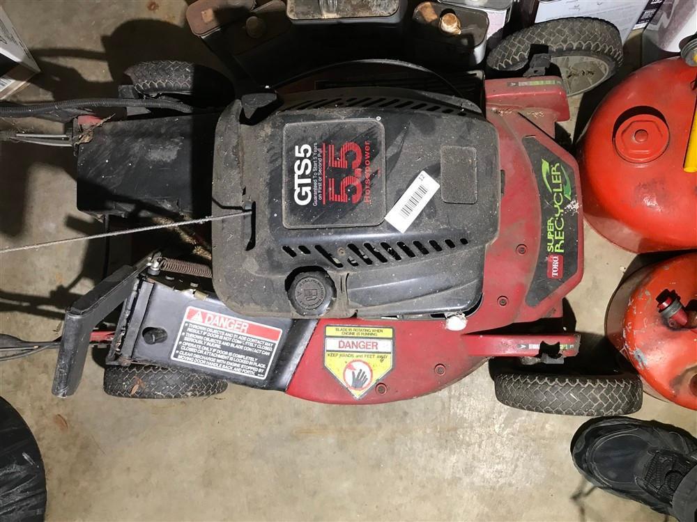 Push Lawn Mower and Two gas cans
