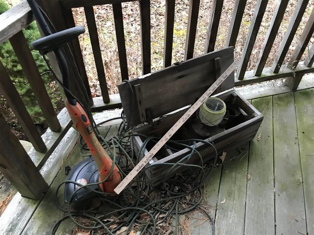 Antique Wooden Toolbox, Weed Eater etc Lot