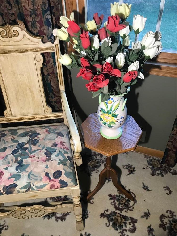 Vintage Rocking Chair, Pedestal, Flowers in Vase