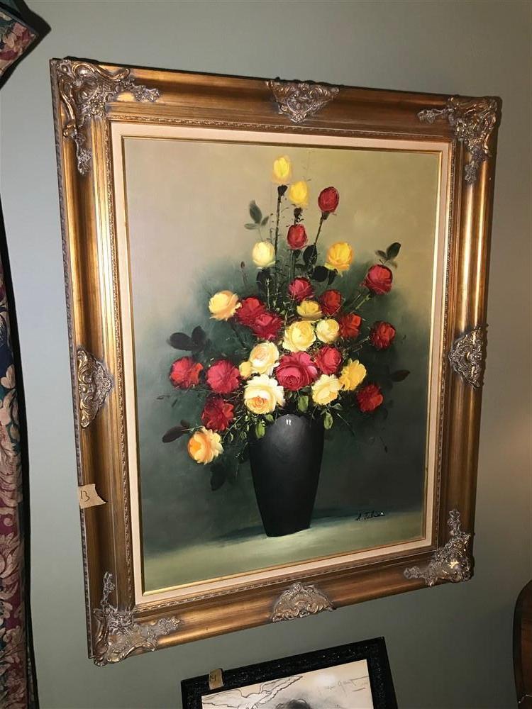 Very Large Vintage Oil on Canvas Painting Flowers