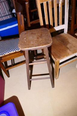 5 Antique Chairs, a Stool and  Faux Wicker Table