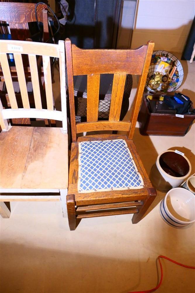 5 Antique Chairs, a Stool and  Faux Wicker Table