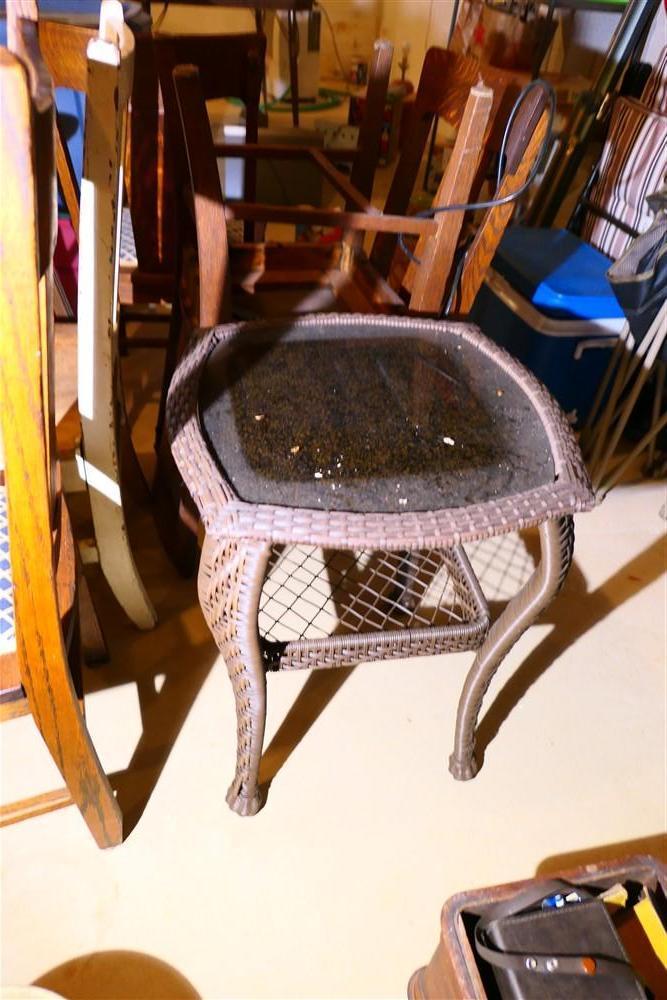 5 Antique Chairs, a Stool and  Faux Wicker Table