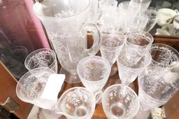 Group Lot Fostoria Glass Cups, Pitcher