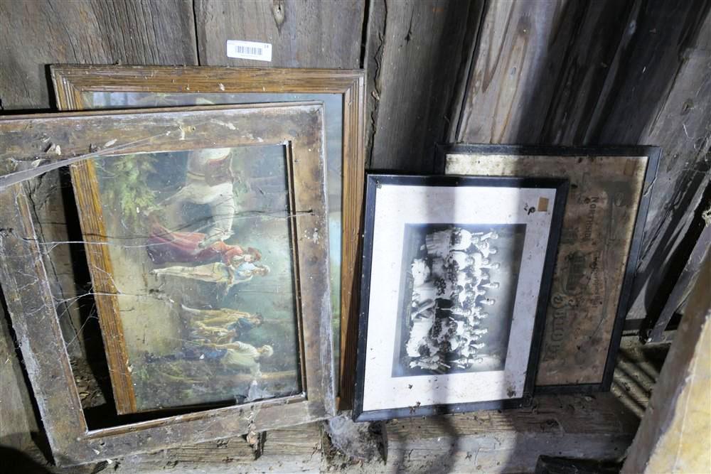 Lot of Framed, Artwork, Bottles Along Barn Wall