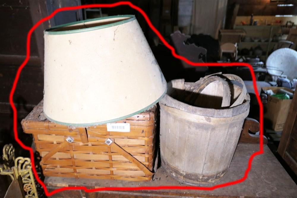 Antique Firkin Bucket, Lamp Shade, Picnic Basket