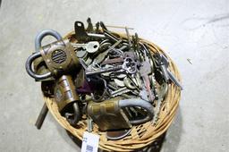 Basket full of assorted locks and keys